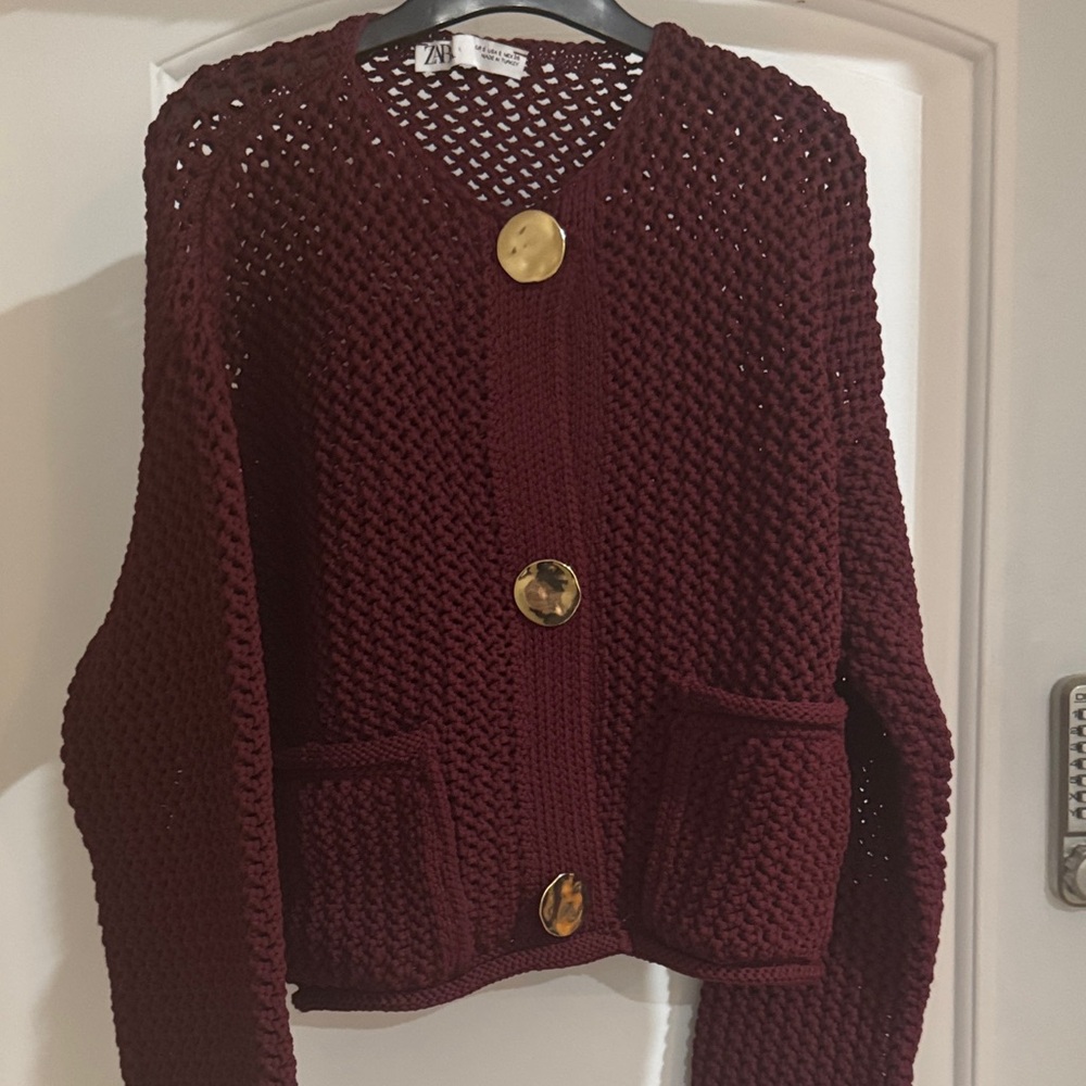 Zara Burgundy Cardigan with Gold Accents